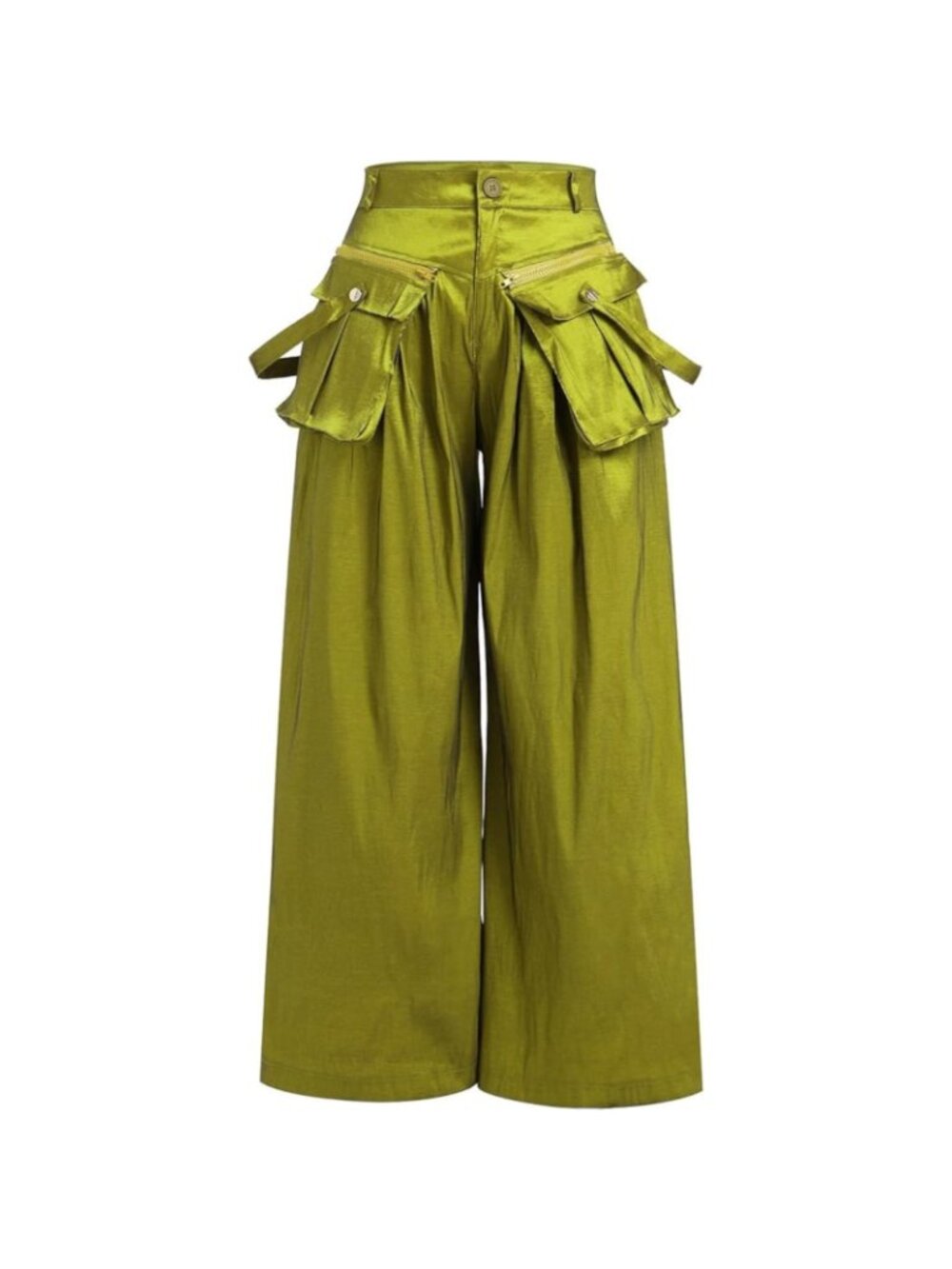 Women Palazzo Cargo Pants Bright Green Size M XL Stretch High Rise Wide Leg